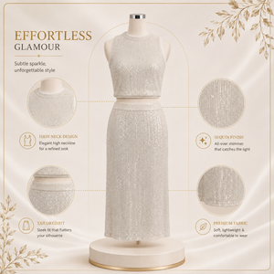 Womens Silver Sequin Two Piece Set Sleeveless Crop <b>Top</b> High Waist Midi Skirt <b>Sparkly</b> Party Cocktail Evening Wedding Formal Dress - Product Image 5