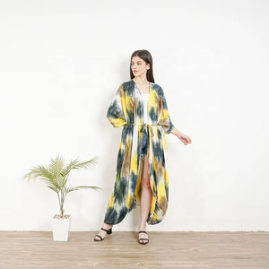 Kimono de mujer estilo bohemio tie-dye, el más vendido, cárdigan largo de verano con bolsillos delanteros abiertos, cintura natural, teñido liso, estilo dulce - Product Image 5