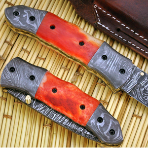 Couteau de chasse en acier Damas, lame à pointe tombante, manche rouge, étui en cuir, couteau de camping en plein air - Product Image 3