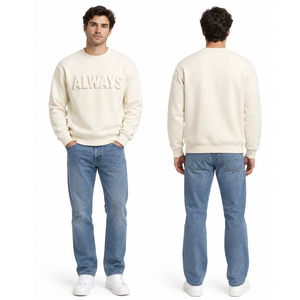 Sudadera personalizada para hombre con letras "ALWAYS" en relieve, color marfil, cuello redondo, forro polar. - Product Image 4