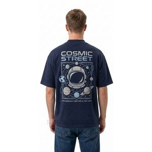 T-shirts à épaules tombantes bleu marine avec imprimé graphique planète cosmique au dos, inspirés de l'astronomie, style streetwear urbain décontracté - Product Image 2