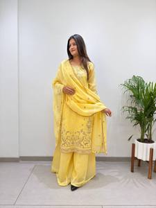Yellow Cotton Embroidered <b>Kurta</b> Set With Dupatta Traditional Indian Pakistani <b>Women's</b> Casual Wear Floor-Length Loose Fit - Product Image 4