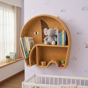Luxury Elephant Rattan Hanging Shelf Toddler Room Nursery Bedroom Storage Organizer Handcrafted Animal Display Stand Wholesale - Product Image 1