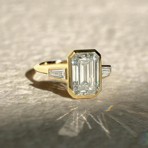 4CT Three Stone Bezel Set Emerald Cut Diamond Engagement Ring Solitaire Wedding Promise Ring Side Tapered Baguette 18k Gold - Product Image 3