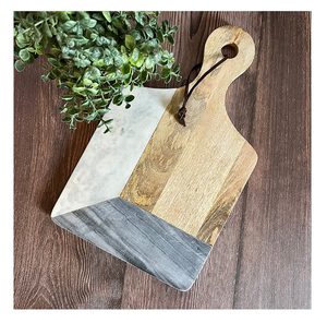Planche à découper en marbre de forme ronde avec poignée en bois et surface en pierre à motif incrusté - Product Image 6