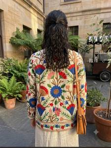 Floral Embroidered Wool Blend <b>Jacket</b> <b>Mandarin</b> <b>Collar</b> Full Sleeve Prairie Chic Autumn Women's Coat - Product Image 3