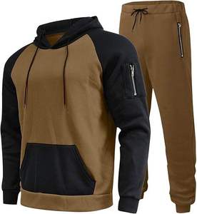 Survêtement à capuche pour homme, marron et noir, long, avec blocs de couleur, décontracté, respirant, en polyester et coton, avec poches latérales - Product Image 1