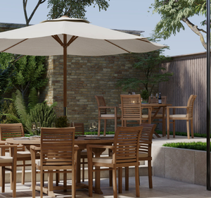 Ensemble de table à manger ronde d'extérieur en teck massif 6 places avec chaises à accoudoirs et trou pour parasol, finition naturelle, meubles de jardin et de terrasse - Product Image 2