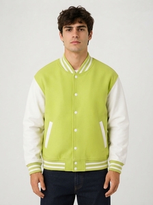 เสื้อแจ็คเก็ตวาร์ซิตี้ผู้ชาย สีเขียวขาว แขนเสื้อแบบลำลอง แจ็คเก็ตบอมเบอร์ ปกคอพับ ติดกระดุมด้านหน้า ปลายแขนเสื้อแบบริบ สำหรับใส่ในฤดูใบไม้ร่วง - Product Image 4