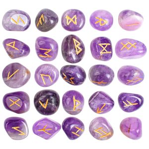 Ensemble de pierres runiques en améthyste, cristal poli gravé avec des symboles Futhark, forme irrégulière, REIKI, divination religieuse, décoration de la maison - Product Image 1