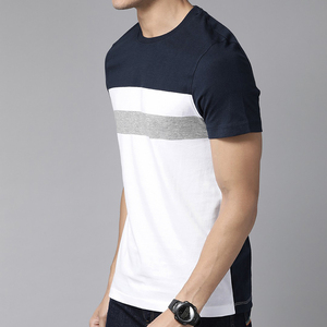 Camiseta de Manga Corta para Hombre, Cuello Redondo, Tejido de Punto, Bloques de Color, Ribete en Contraste, Corte Ajustado, Estilo Casual, Blanco y Azul Marino - Product Image 2