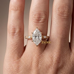 Anillo de compromiso vintage de oro de 10K con diamante marquesa cultivado en laboratorio, inspirado en el estilo antiguo, con engaste de garra, joyería fina para mujer - Product Image 5