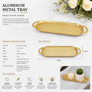 Plateau de service moderne en aluminium de qualité supérieure, finition dorée métallique, poignée décorative ovale, accent de cuisine, décoration intérieure 23x6.5 - Product Image 3