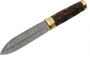 Couteau utilitaire de style japonais en acier Damas artisanal, manche en bois sculpté, étui en cuir - Product Image 2