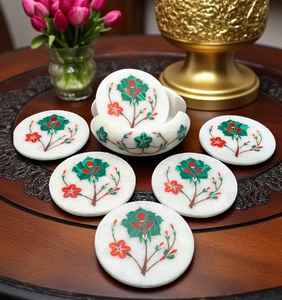 Posavasos de Mármol Blanco Floral con Incrustaciones de Piedras Semipreciosas, Hechos a Mano, Juego de Posavasos de Lujo, Decoración de Mesa, Regalo - Product Image 1