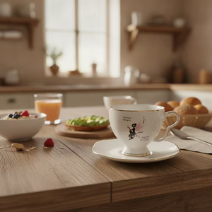 Ensemble tasse et soucoupe à café en céramique au design unique avec motif d'ailes de fille et inscription « Le futur appartient à celui qui se prépare pour aujourd'hui » - Product Image 4