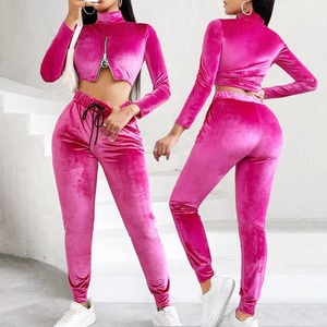 Conjunto Deportivo de Terciopelo Rosa para Mujer, Top Corto de Cuello Alto con Cremallera y Pantalones con Cordón, Ropa Casual de Otoño - Product Image 3