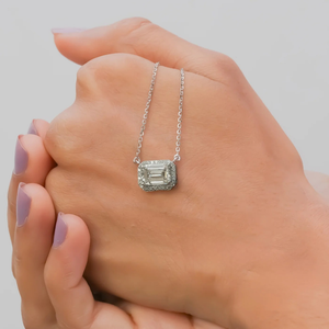 Lab Grown <b>Emerald</b> Cut Diamond <b>Pendant</b> Necklace Halo Charm Silver Plated for Women Wedding & Party Gift - Product Image 1