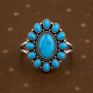 Top Selling Handmade 925 Sterling Silver Plated Blue Turquoise Floral Cluster <b>Statement</b> <b>Ring</b> Boho Vintage Opaque Gemstone - Product Image 5