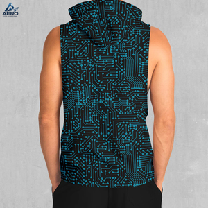 Ropa exterior de material transpirable y suave al tacto con logo personalizado impreso en sudaderas sin mangas azules cibernéticas al por mayor para hombres - Product Image 3