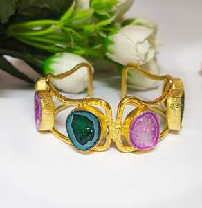 18K Gold Plated Brass Cuff <b>Bracelet</b> Pink & Green <b>Crystal</b> Bangle for Her Boho Style Jewelry Handmade Bulk Product - Product Image 4