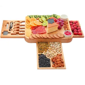 Ensemble de planches à charcuterie en bambou magnétique avec 4 tiroirs et un ensemble de couteaux pour la viande, le fromage, les fruits et le service - Product Image 2
