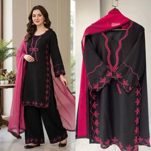 Conjunto de Kurta y Palazzo Maxi de Rayón Bordado con Manga 3/4 para Mujer, con Dupatta, para Fiesta, Boda, Festival, Cintura Natural, Cuello en V - Product Image 4