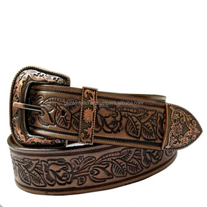 Best Quality Floral <b>Engraved</b> Unisex Full Grain Western Leather <b>Tooling</b> Belt with Copper plated designer Brass Buckle - Product Image 2