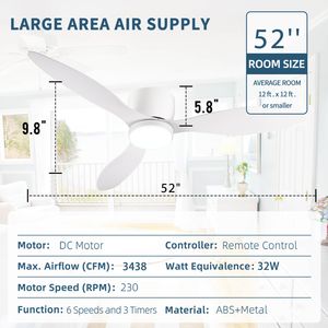 Ventilatore da soffitto LED intelligente da 52 pollici con telecomando, motore DC silenzioso, per interni ed esterni, a basso profilo, bianco - Product Image 6
