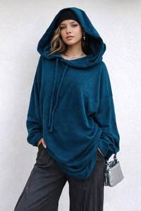 เดรสฮู้ดดี้โอเวอร์ไซส์: เสื้อคลุมตัวยาวแขนยาวเนื้อผ้าคล้ายขนสัตว์ - Product Image 3