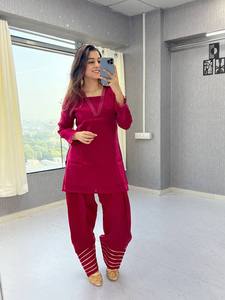 <b>Women</b> Maroon Mul Chanderi Quick Dry Traditional Loose Fit Gujarati Wedding Embroidered Neck Casual Ethnic Wear <b>Kurta</b> Set Salwar - Product Image 1