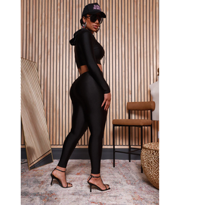 Combinaison noire à manches longues et à capuche pour femme, taille haute, coupe ajustée, fermeture éclair, couleur unie, toutes saisons, streetwear, clubwear - Product Image 5