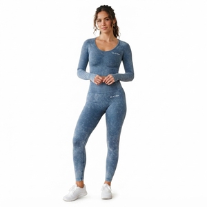 Women Blue Acid Wash Yoga <b>Set</b> <b>Long</b> <b>Sleeve</b> Crop Top High Waist Leggings <b>Gym</b> Fitness Workout Activewear - Product Image 3