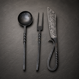 Juego de cubiertos de comedor de acero de alto carbono forjado a mano Dark Hammer Art, con mango retorcido, que incluye cuchara, tenedor y cuchillo. - Product Image 2