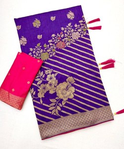 Premium Dola Silk Jacquard Hand Dyed Saree Meenakari Rich Pallu Contrast Blouse Single Tone Ethnic Traditional Wear Quick Dry - Product Image 1