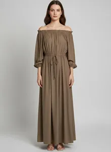 Ladies <b>Boho</b> Cotton Linen Maxi <b>Dress</b> Off Shoulder 3/4 Sleeve Elastic Waist Adjustable Tie Loose Fit <b>Long</b> <b>Dress</b> - Product Image 5