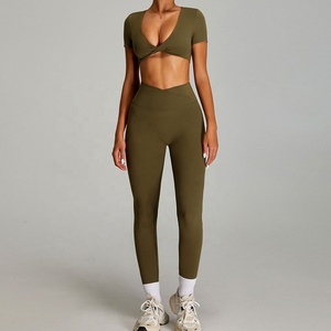 Custom 2026 Olive Green Seamless Yoga Set Spaghetti Strap <b>Crop</b> <b>Top</b> High Waist Flared Pants 2 Piece Breathable Spandex Polyester - Product Image 3
