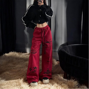 Pantalon large rouge pour homme, style streetwear, brodé, avec cordon de serrage, taille élastique, en polyester tricoté, décontracté, pour l'automne - Product Image 1