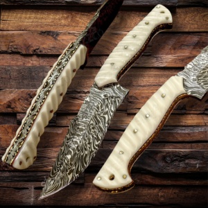 Couteau de chasse et de survie artisanal en acier Damas, manche sculpté en ivoire, lame pleine longueur, cadeau de collection pour l'extérieur, OEM EDC - Product Image 1