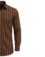 Kemeja Pria Coklat Garis Vertikal Slim Fit Kancing Depan Lengan Panjang Formal Kasual Kantor Bahan Campuran Katun OEM Custom
