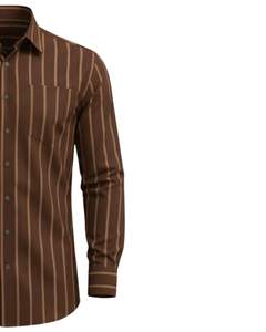 Camisa de Vestir Personalizada para Hombre, Color Marrón con Rayas Verticales, Corte Entallado, Botones, Manga Larga, Formal, Informal, para Oficina, Mezcla de Algodón, OEM Personalizado - Product Image 4