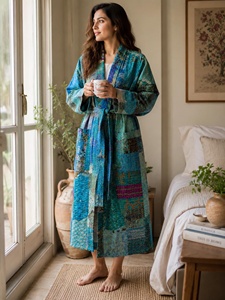 Kimono Acolchado Kantha de Seda con Estampado Floral Vintage, Hecho a Mano con Parches, Manga Larga, Cierre con Cordón, Cárdigan 100% Algodón - Product Image 3