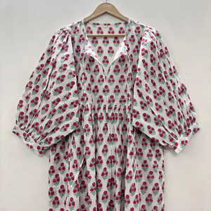 Robe décontractée mi-longue pour femme en coton tissé 100% uni, à manches courtes, taille empire, style babydoll, coupe ample et fonctionnelle à col en V oversize - Product Image 2