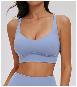 Sujetador deportivo sin costuras azul claro para mujer, top de yoga con copa completa y sin aros - Product Image 1