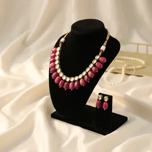 Conjunto de collar y aretes de lujo estilo bohemio con cuarzos y Kundan, chapado en oro, joyería tradicional india para novias, bodas, unisex. - Product Image 3