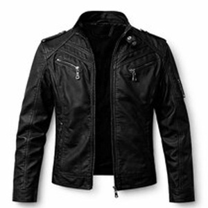 Chaqueta de cuero negra para hombre, corte ajustado, estilo clásico vintage, con bolsillos con cremallera, piel de cordero auténtica, estilo motociclista. - Product Image 1