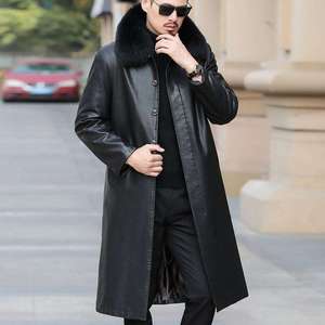 Winter <b>Men's</b> Thick Fleece <b>Long</b> Over-knee Faux Leather Trench <b>Coat</b> with Button Detail Eco-Friendly Single Breasted Design - Product Image 5