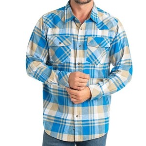 Camisas de Franela de Manga Larga a Cuadros Azules de Algodón ODM para Hombre - Product Image 1