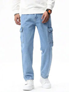 Jeans cargo en denim bleu clair pour homme, pantalon streetwear multi-poches, coupe slim, pantalon utilitaire, vêtements décontractés tactiques en coton - Product Image 6