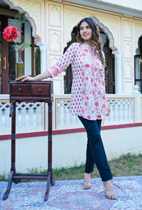 Women's Floral Printed Short <b>Kurti</b> White Rayon Mandarin Collar Three Quarter Sleeve Casual Ethnic Wear Daily Fashion <b>Kurti</b> - Product Image 5